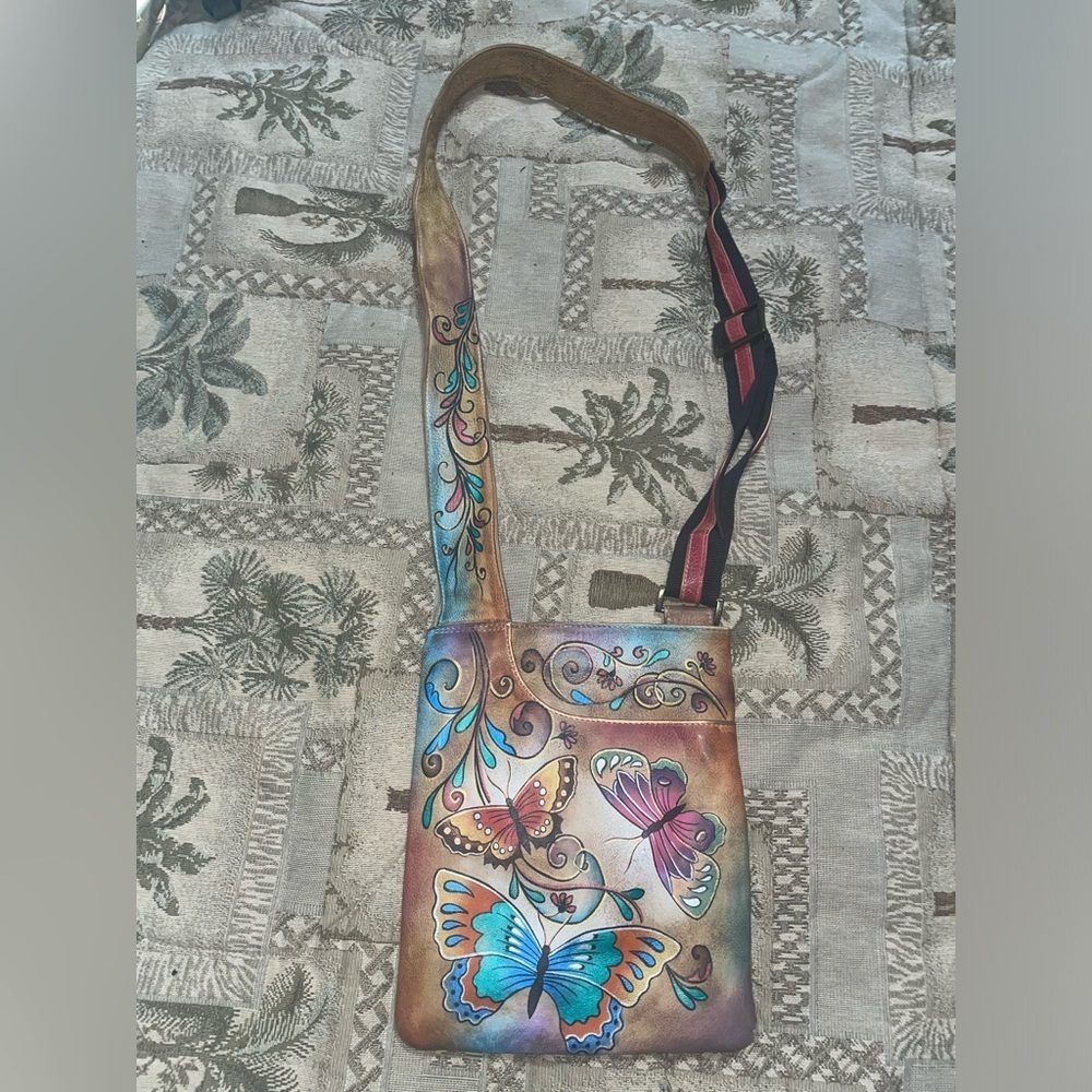 Butterfly bag hand painted Anuschka purse bohemian travel messenger bag - Picture 5 of 16
